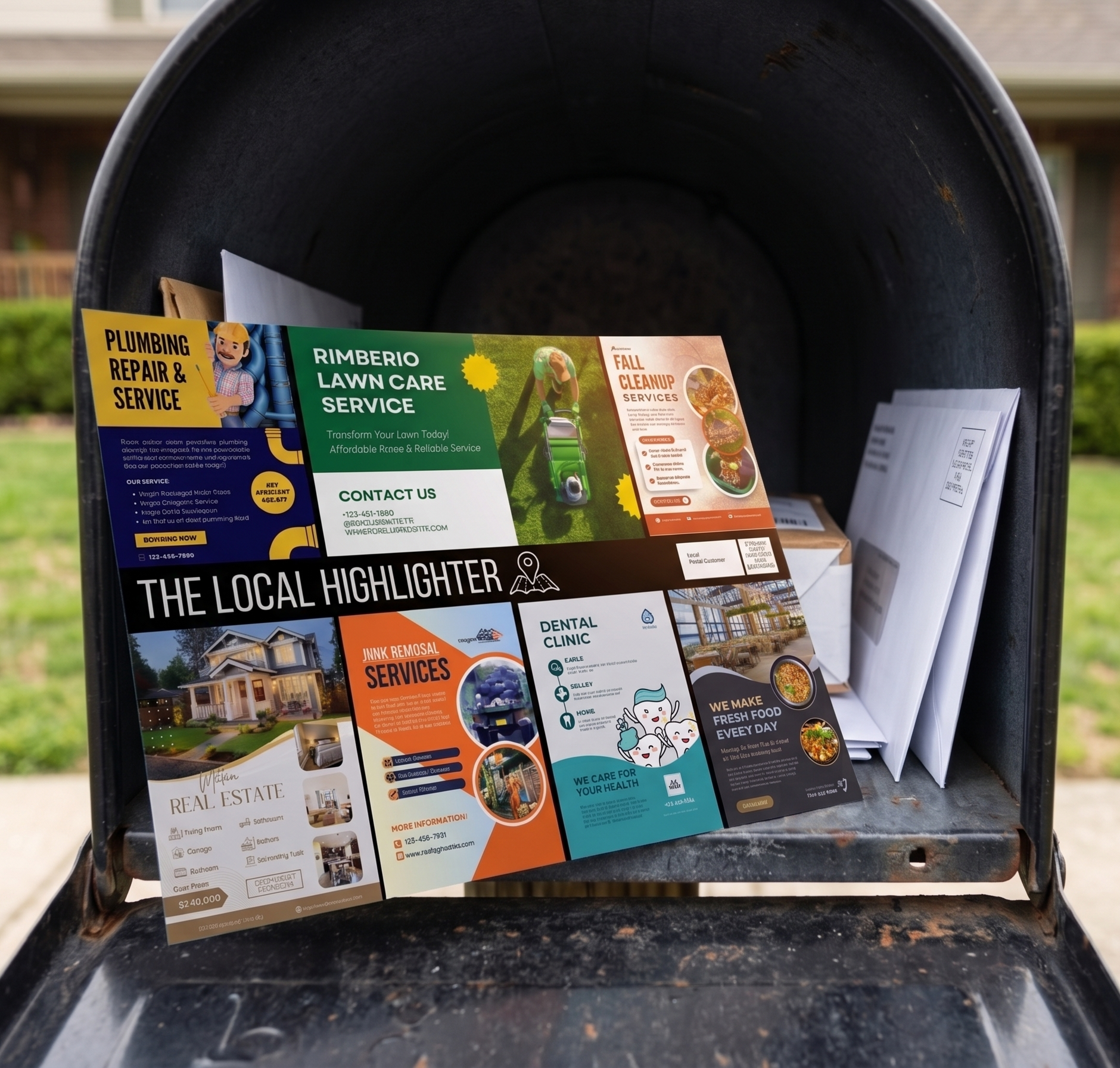 A shared community postcard with multiple local businesses arriving in a mailbox